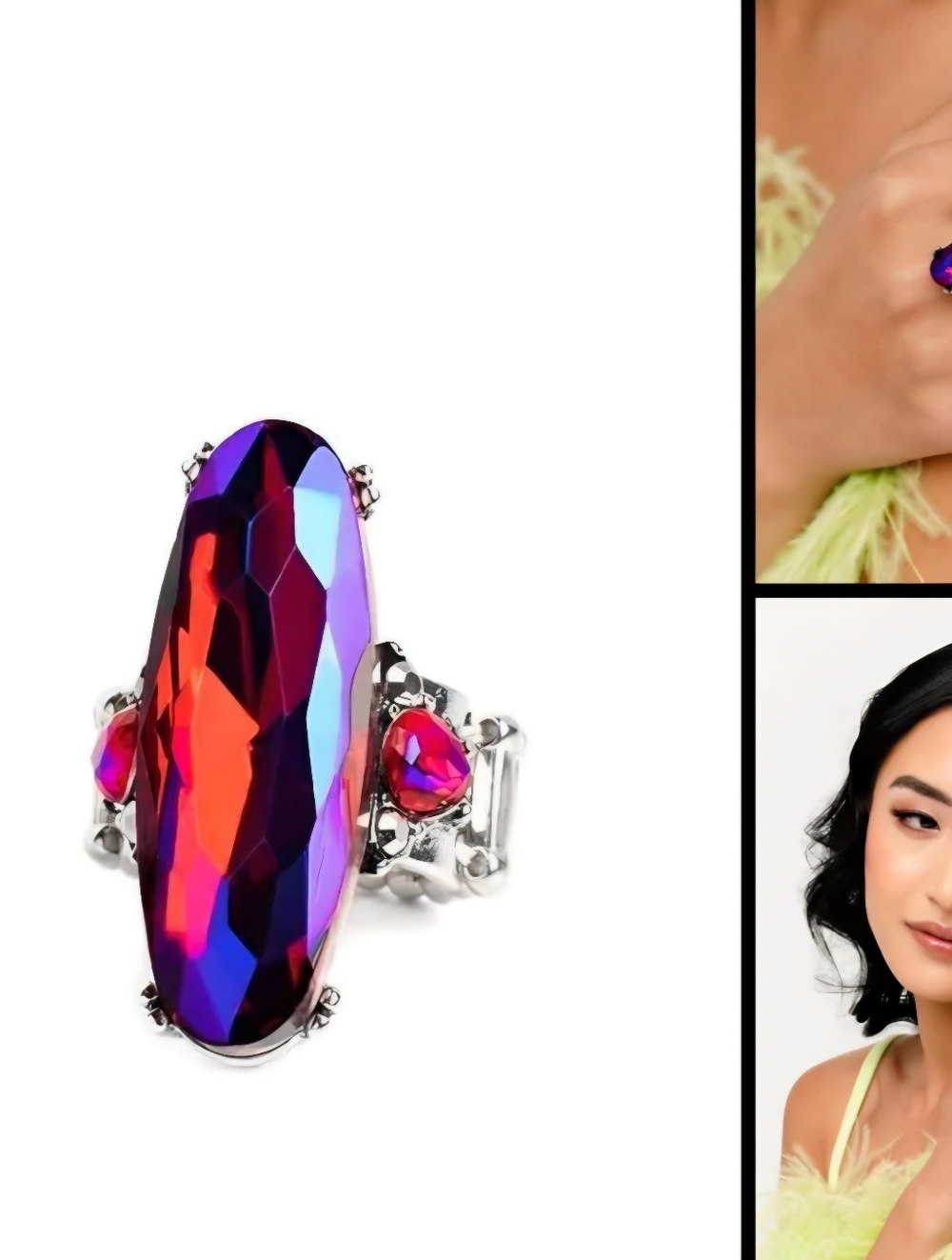 Interdentional Silver-Tone Ring with Pink and Purple Crystal